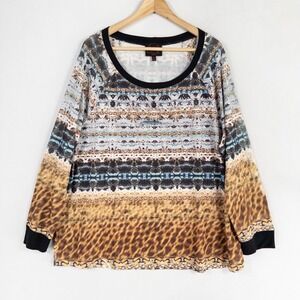 French Blue Woman Knit Top Shirt Sz 2X Multicolor Stripe Rhinestones Long Sleeve